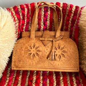 Moroccan Leather Stamped Hand Bag Tan